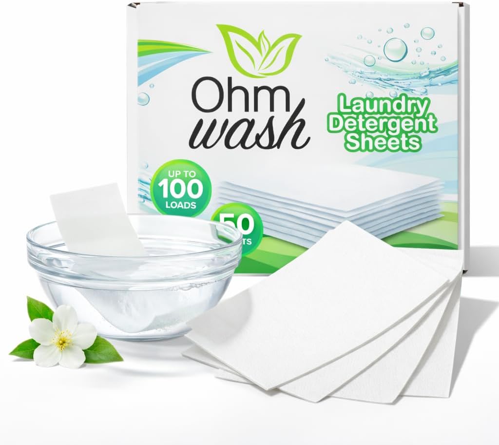 Ohm Earth’s Wash Laundry Detergent Sheets Hypoallergenic & Dye-Free Liquidless Detergent, Fast Dissolving Concentrated Strips Ideal for Sensitive Skin, 50 count (up to 100 Loads) Spring Breeze