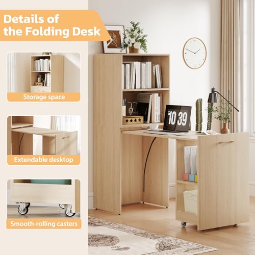 Image of Zevemomo Folding Desk, Convertible Table with Shelves & Wheels - Beige