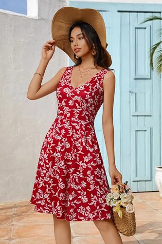 Image of HUHOT Womens Sleeveless V Neck Dress with Pocket Summer Beach Midi Flared Tank Dress