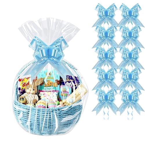 Image of PigPotParty Cellophane Bags for Gift Baskets, 16x24 in, 10 Pack, Blue Bows | Thick clear OPP holds shape; seamless bottom resists tears; easy-to-use large pull bows save time and add a polished finish