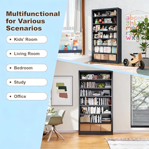Image of 7 Tier DVD Storage Cabinet Shelf, Metal Media Storage Shelf with Adjustable Shelves, CD DVD Display Cabinet for Living Room & Home Office (Black)
