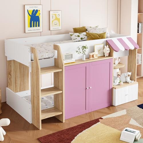 Fppuueg Cama Alta 90x200 cm con Forma de Casa, Litera Infantil con Espacio de Almacenamiento, Literas Juveniles con Escalera, Cama Litera Individual, Marco de Madera, Rosa y Blanco, Sin Colchón
