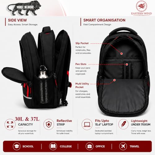 Image of EASTERN WIND 30L & 37L School Bag Backpack, 3 Compartments, Raincover, Laptop Sleeve, Safety Strip, Organizer. School Bag for Boys & Girls, College Bag, Office Bag.