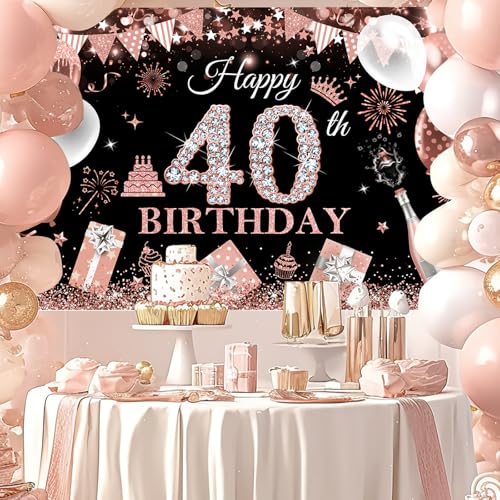 Image of Avezano Happy 40th Birthday Banner for Women Black and Rose Gold Glitter Balloon 40 Birthday Party Backdrop 40 Year Old Bday Photo Backdrop Party Supplies 70.8 x 43.3 Inch