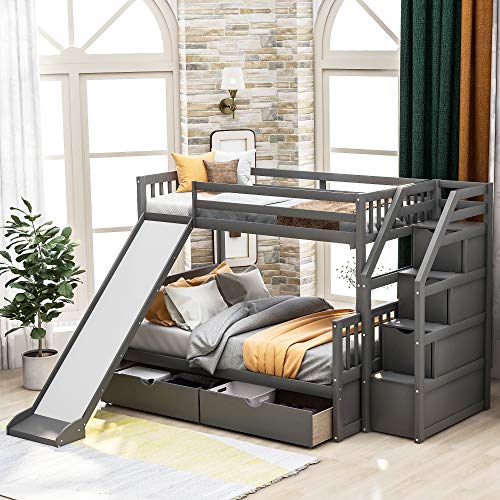 LUMISOL Twin Over Full Bunk Bed with Slide and 2 Drawers, Multifuction Kids Bunk Beds Frame with Staircases(Gray)