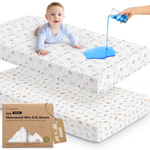 Image of 2-Pack Waterproof Pack and Play Sheets, Mini Crib Sheets Fitted for Boy, Girl - 38 x 26 Viscose from Bamboo Pack N Play Mattress Sheets for Graco, Toddler Playard Baby Crib Sheets Neutral (KeaSafari)