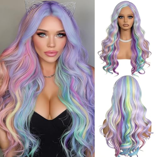 Caelusi Rainbow Wig Long Wavy Curly Wigs for Women Colorful Wigs 26 Inches Rainbow Ombre Wigs Synthetic Cosplay Wig Pastel Colored Wigs Womens Hair Replacement Wigs for Girls Daily Party Costume Use