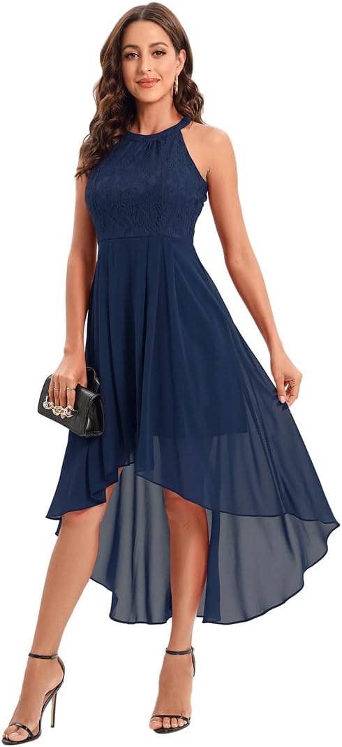 Women Halter Neck High Low Cocktail Skater Dress Vintage Floral Lace Chiffon Bridesmaid Dress Hi Lo Wedding Swing Party Dress - Image 2