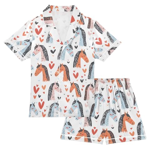ALAZA Horse Heart Love Animal Pajamas Satin Pajama Set Short Sleeve Button Down Sleepwear