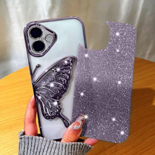 Image of mobistyle Designed for iPhone 16 Plus Cover | Glitter Cute Butterfly | Electroplate Plating Design | Back Cover Case for Women Teen Girls [ Silicone | Purple]