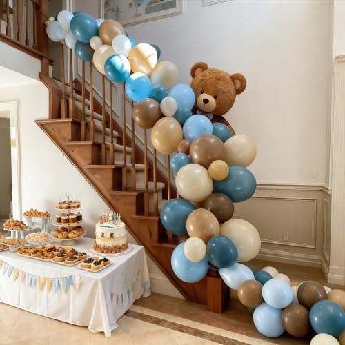 Image of Blue and Brown Balloons Bear Dusty Pastel Blue Khaki Nude White Sand Balloons Tan Apricot Beige Cream Balloon for Boys One Sweet Cookie Baby Shower Birthday Gender Reveal Party Decorations
