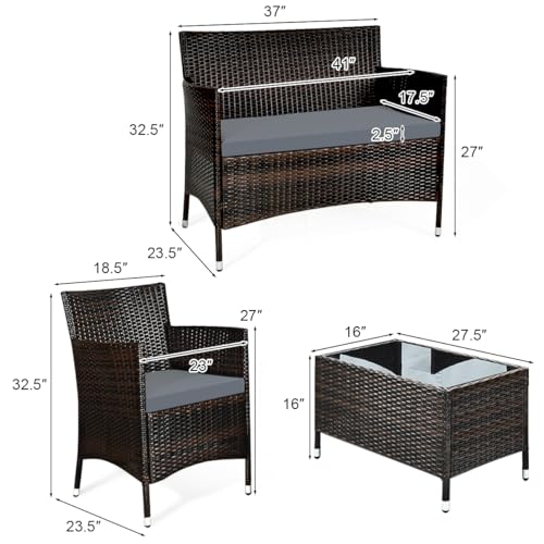 COSTWAY 8PCS Rattan Patio Furniture Set, Outdoor Wicker Rattan Chairs with Coffee Table, Rattan Cushioned Conversation Set for Backyard Balcony Porch Poolside, Grey - Image 4