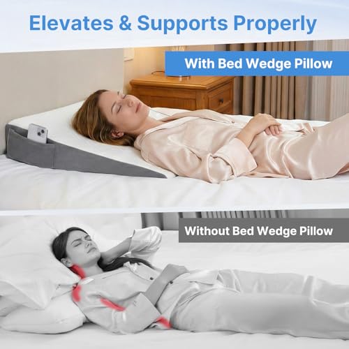 Image of Vekkia 24 inch x 24 inch x 5.5 inch Bed Wedge Pillow for Sleeping - Triangle Pillow for Sleep Apnea, Acid Reflux, Snoring & Back Support, Post-Surgery Recovery, with Pockets & Washable Cover