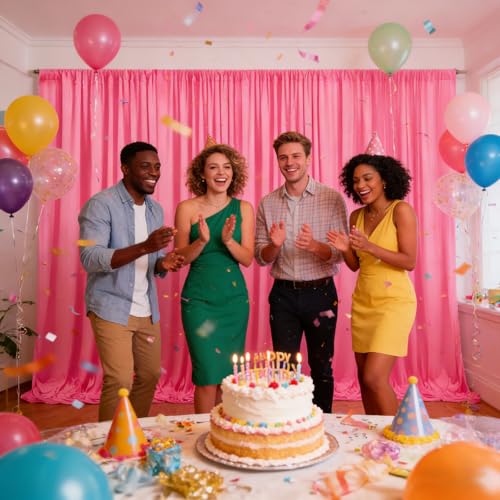 Image of 2 Panels Fluorescent Pink Backdrop Curtain, 10 x 10 Feet Polyester Background Curtains for Parties, Weddings, Halloween, Christmas, Birthday Party Photoshoot Backdrop Curtains Decorations
