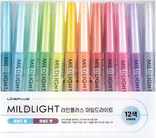 LINEPLUS Mildlight - Juego de resaltadores, fabricado en Corea, 12 colores pastel suaves para resaltar y tomar notas agradables a los ojos, sin