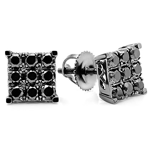 Dazzlingrock Collection 0.90 Carat (ctw) Round Black Diamond 8.6mm Square Micro Pave Hip Hop Studs in Black Plated 10K Solid White Gold, Screw Back, Unisex Design Ladies, Mens Real Diamond Earrings