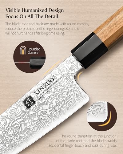 XINZUO 67 Strati in Acciaio Damasco Set Coltelli da 7 Pezzi, Portacoltelli Set di Coltello da Cuoco -Manico in Legno d'Ulivo-con Blocco Coltelli e Forbici da Cucina Multifunzione-con Scatola Regalo - immagine 5