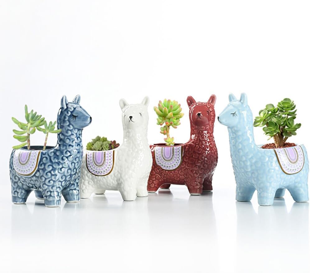 Ceramic Planter Pot,Animal Shape Pots - Stylish and Durable Succulent Planter Pots for Small Spaces Weather-Resistant Ceramics Innovative, Alpaca White (Color : Alpaca Red)