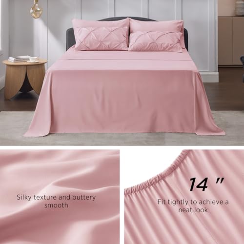 Image of Bedsure Queen Comforter Set Baby Pink - Bed in a Bag Queen Size Bedding 7 Pieces, GentleSoft Pintuck Bed Set Gift for Family, All Season Down Alternative Comforter with Sheets, Pillowcases & Shams