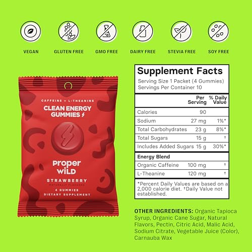 Image of Proper Wild Clean Energy Gummies and Chews for Focus, Strawberry, 10-Pack | Reduced Jitters, 100mg Natural Caffeine Gummies with L-Theanine, Plant-Based, No Artificial Sweeteners, Reduced Crash