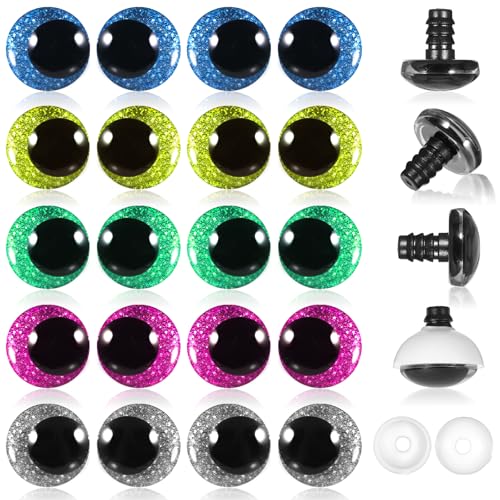 20PCS 15mm Glitter Safety Eyes and Washers for Amigurumi Crochet 3D Colored Crochet Eyes Large Strabismus Safety Eyes Plastic Craft Eyes Crochet Accessories for DIY Making of Bear Crafts Doll