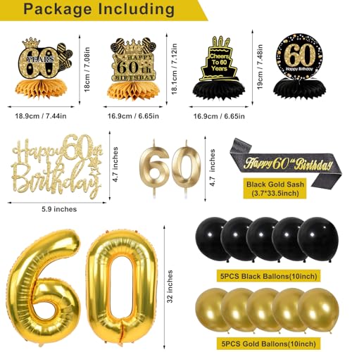 Image of 60th Birthday Decorations for Men, Black Gold 60th Party Decoration Kits | 27pcs Happy 60th Birthday Set, Banner, Honeycomb, Balloons, Gold Number, Candle, Hanging Swirls, Cake Topper, Party Supplies