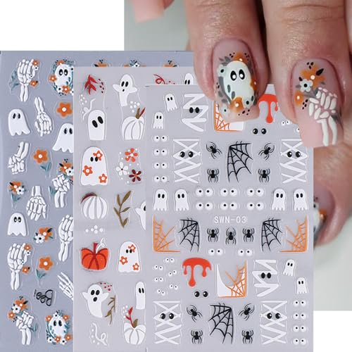 Halloween Nail Art Stickers 3D Self-Adhesive Nail Decals Flower Ghost Cobweb Sticker for Nails Designs White Skeleton Nail Stickers Cute Nail Decoration for Women Nail Art Supplies 6 Sheets