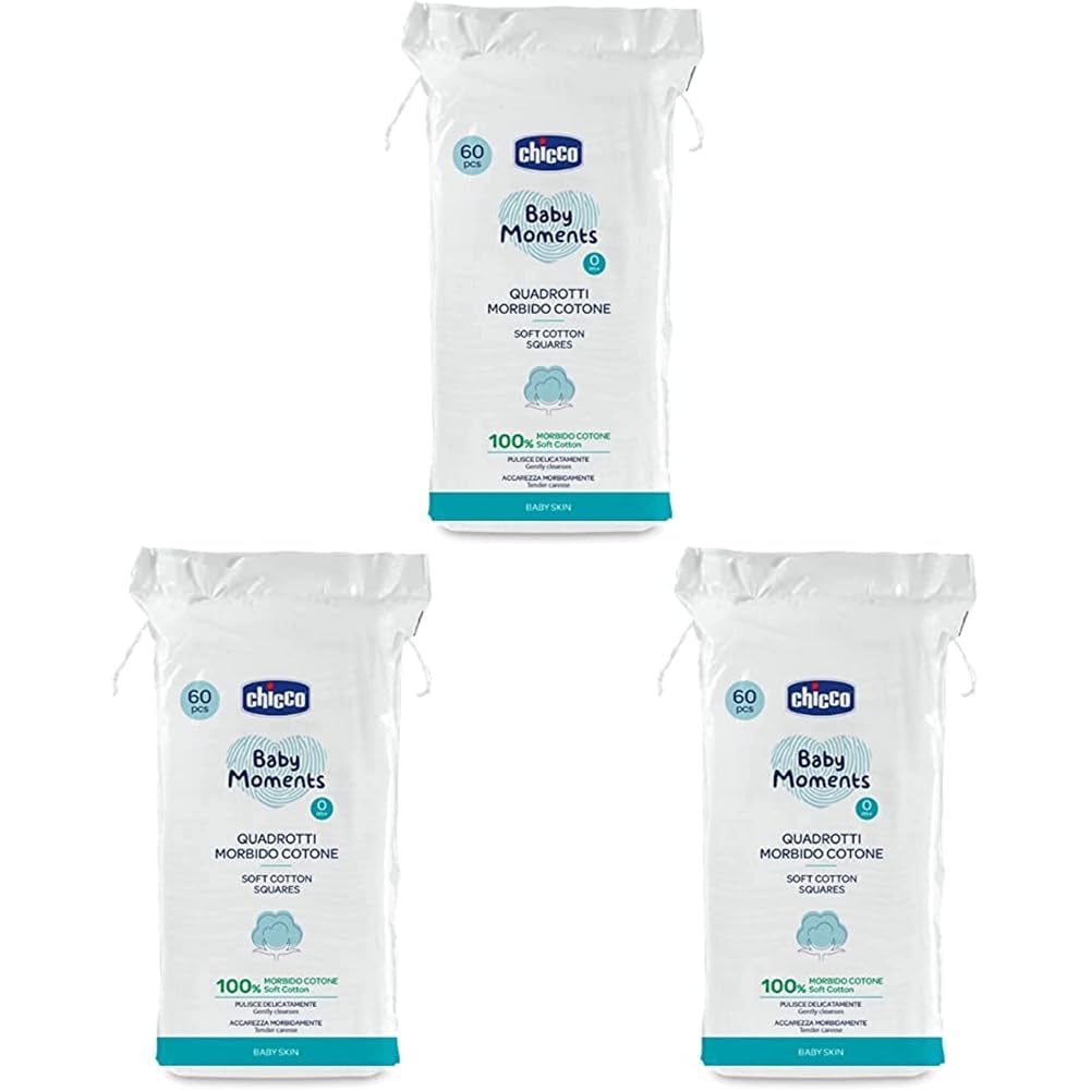 Chicco Baby Moments 100% Soft Cotton Squares (60 Count) for Cleaning and Baby Care | Soft & Gentle on Delicate Skin (Pack of 3)-image-22