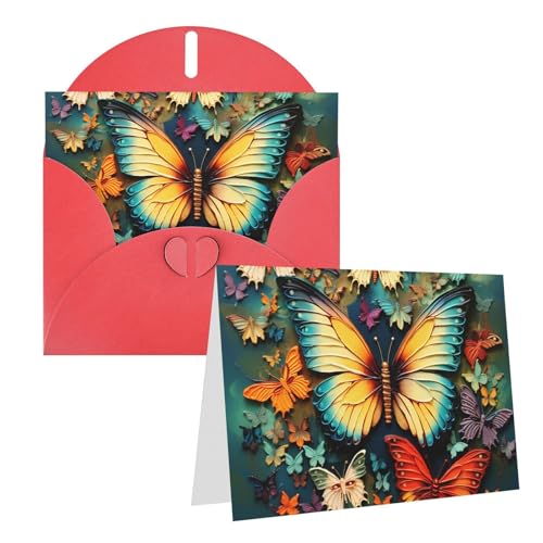 カラフルな蝶の刺繍絵画 空白のグリーティングカード 封筒付き 4インチ x 6インチ サンキューカード ノートカード あらゆる機会のカード 赤 クリスマス 休日 誕生日 卒業 記念日