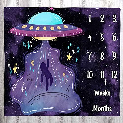 Image of Space Baby Age Blanket, UFO Astronaut Baby Monthly Milestone Blanket Growth Chart Blanket, 48x40 inch Memory Blanket Nurse Receiving Blanket Baby swaddling Blanket BTLSLY259