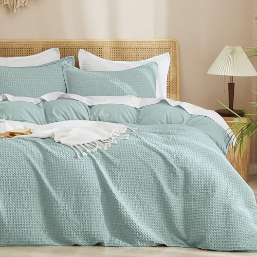 Image of PHF Waffle Weave Duvet Cover Set King Size, No Snagging Ultra Soft Luxury Textured Breathable Comforter Cover for All Season 3pcs, Durable Bedding Duvet Set with 2 Pillow Shams, 104 inchx90 inch, Aqua