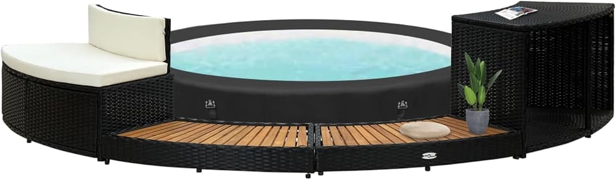 Gecheer Spa Surround, Round Hot Tub Surround Kit with Built-in Storage, Waterproof Acacia Wood and Poly Rattan for Outdoor Relaxation