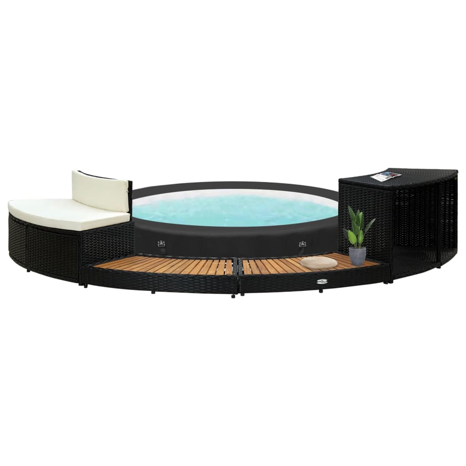 JUDYY Umrandung, Poolumrandung Rund, Pool Verkleidung, Outdoor Umrandung, Schwarz Poly Rattan und Akazienholz