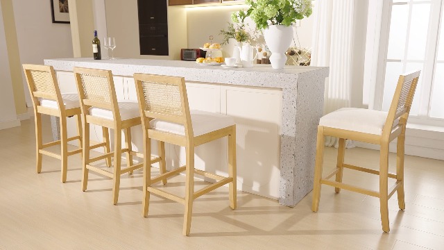 Butacos de altura para barra en mimbre, set de 4 unidades, respaldo de caña, estilo granja, cojín tapizado en lino, patas de madera maciza, estilo moderno de mediados de siglo, color beige miniatura 7