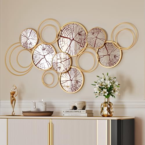 Image of Uniclinens Decorative Gold Circle Mirrors Decor, Modern Wall Art Mirror Deco for Living Room Large 52 inchX26 inch, Boho Wall Sculptures for Dining Room, Entryway, Hallway, Bedroom