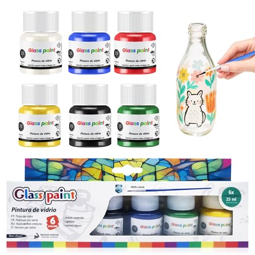 KUIRUNRX® Pintura para Vidrio y Porcelana, Set de 6 x 25 ml con Pincel, Colores Cerámicos Resistentes Kit para Pintar Cerámica, Tazas, Platos y Vasos, Cobertura Alta