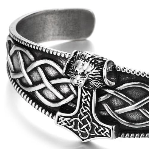 COOLSTEELANDBEYOND Men's Viking Thor's Hammer Cuff Bracelet, Steel Open Bangle, Celtic Knotwork Design, Norse Mythology3