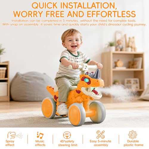 Image of Kids Tricycle, Dinosaur Toys Trike Bike with Safe Anti-Rollover Design, Music, Storage Basket, Big Wheels & LED Lights, Toddler Ride on Toys, Bicicletas para Ninos De 3 Anos a 6 (Orange)