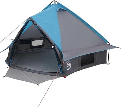 Blue Grey Teepee Tent for Camping 4 Person with Roof, 388 x 320 x 169 cm, 185T Polyester Shelter with Poles & Carry Bag
