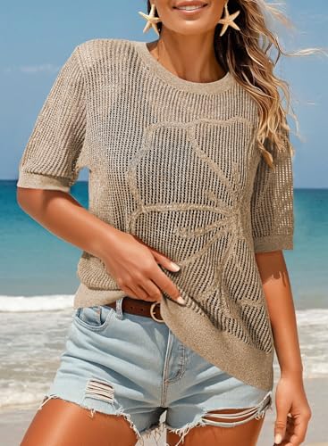 Image of Dokotoo Womens Summer Short Sleeve Crochet Tops Hollow Out Floral Sweaters Beach Vacation Cruise Outfits