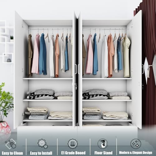 Image of VIKI Wardrobe | Wooden Almirah for 4 Door Wardrobe with 2 Split Drawer & Hanging Space (Frosty White - 40D x 160W x 180.8H) | 1 Year Warranty | Free Assembly