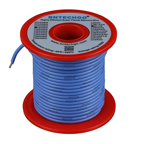 Image of BNTECHGO 18 Gauge Silicone Wire Blue 100ft Stranded Tinned Copper Wire | Flexible 18 AWG Stranded Wire Silicone Rubber Insulation For RC Models, Drone, Robot, Battery, EV Charger, 3D Printer, DIY