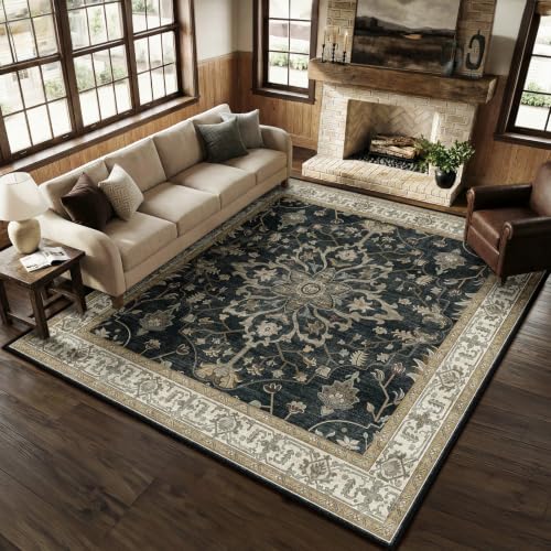 RELEANY Washable Area Rug, Square 8'x8', Black/Vintage/Beige