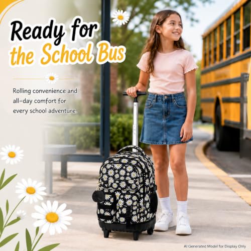 Image of CCJPX Rolling Backpack for Girls, 3Pcs Roller Wheeled School Bookbag, Daisy Wheels Backpacks with Lunch Box for Kids (Black)