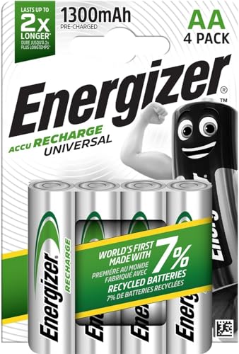Energizer Recharge Universal - Pila Recargable AA (Paquette de 4) Batería 1300 mAh NiMH - precargada - para dispositivos uso frecuente y cientos de recargas - Embalaje 100 % reciclable y sin plástico