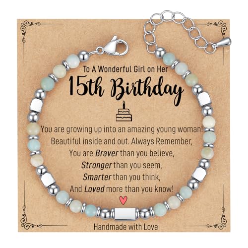 Image of AryaHozel 4mm Natural Stone Bracelet with Birthday Cards, 6-21 Year Old Birthday Gifts for Girls Daughter Granddaughter Niece Sister Women Friends