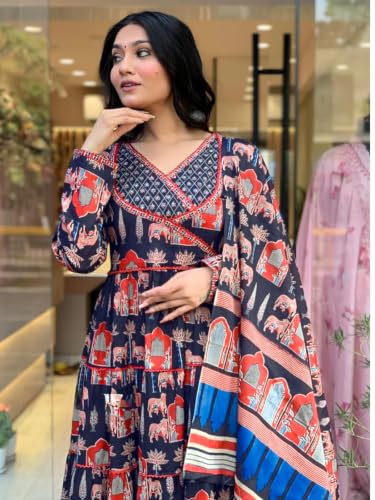 Image of Leriya Fashion Kurta Sets for Woman | Printed Jaipuri Ajrakh Kurta Set With Dupatta for Women | Kurti Set for Woman | Anarkali Suit for Women | Traditional Anarkali Salwar Suit for Party Outfits Kurtis