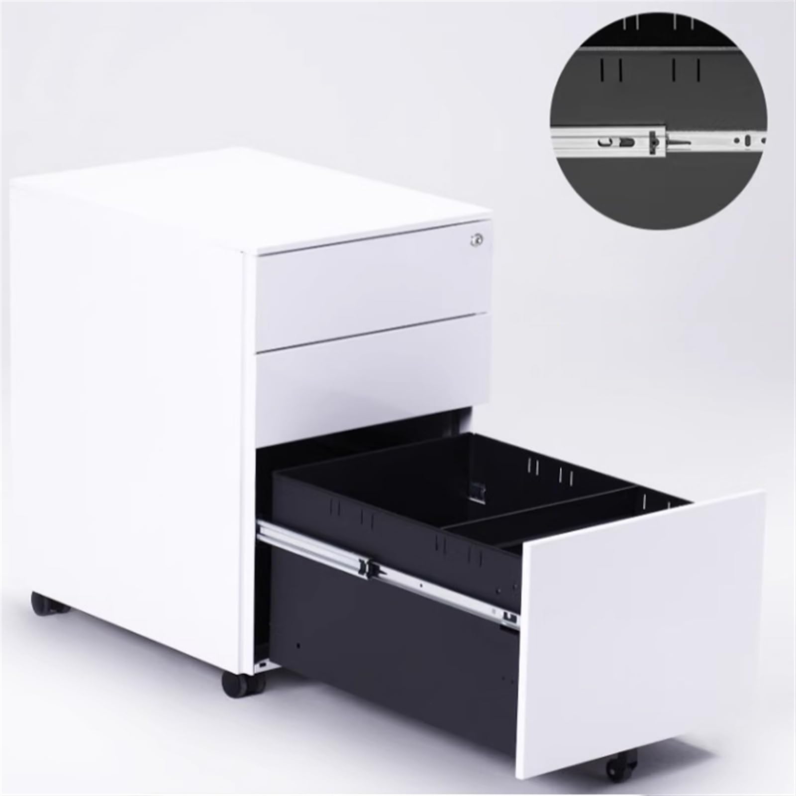 Schedario da ufficio Cassettiera mobile sotto la scrivania, cassettiera in metallo con estrazione laterale a tre cassetti serratura, in ferro bianco/nero for l'home office Documenti