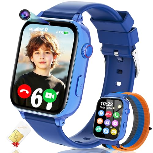 4G Kids Smart Watch GPS Tracker, Smartwatch for Kid with Video Calling, Voice Chat, Class Mode, SOS , Pedometer, Alarm, Games, SIM Card HD Touch Screen Phone Watch Gift for 4-12 Girls Boys, Blue