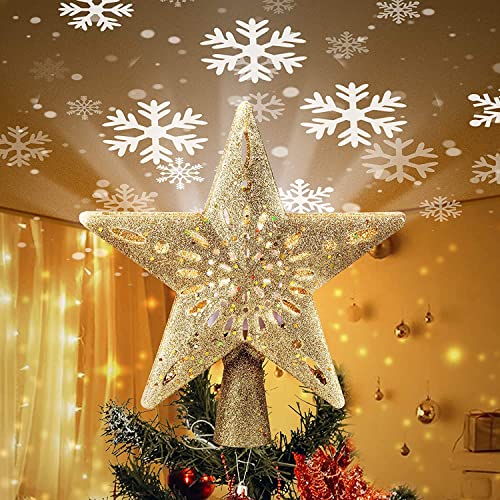 Christmas Star Tree Topper With Built-In Led Snowflake Projector Lights 10 Inch Hollowed Pentagram Tree Topper,Plug In Christmas Tree Ornament For Indoor Office Xmas New Year Holiday Tree Decoration #TOP14